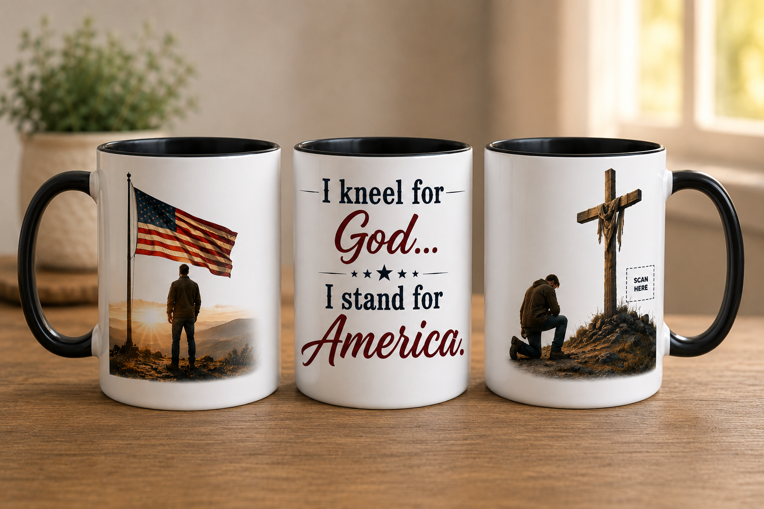 Kneel for God, Stand for America mug three-view